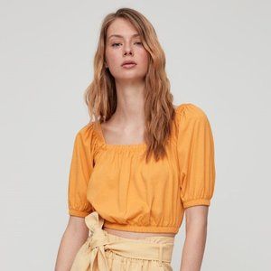 Aritzia Wilfred Off the Shoulder Cropped Puffed Sleeve Yellow Mustard Top Size L